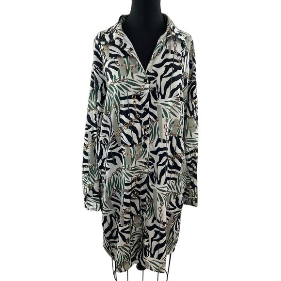 Rebdolls White Black Green Animal Print Long Sleeve Button-Down Dress Size 1X - Picture 1 of 6